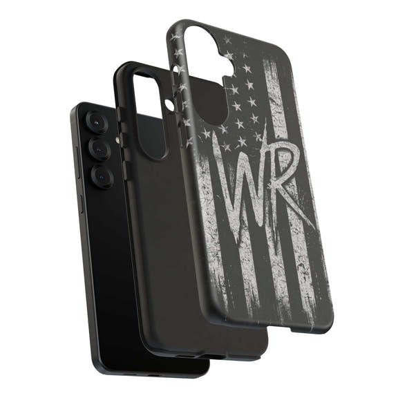 Patriotic monogram tough phone case featuring a distressed American flag design with the initials WR.