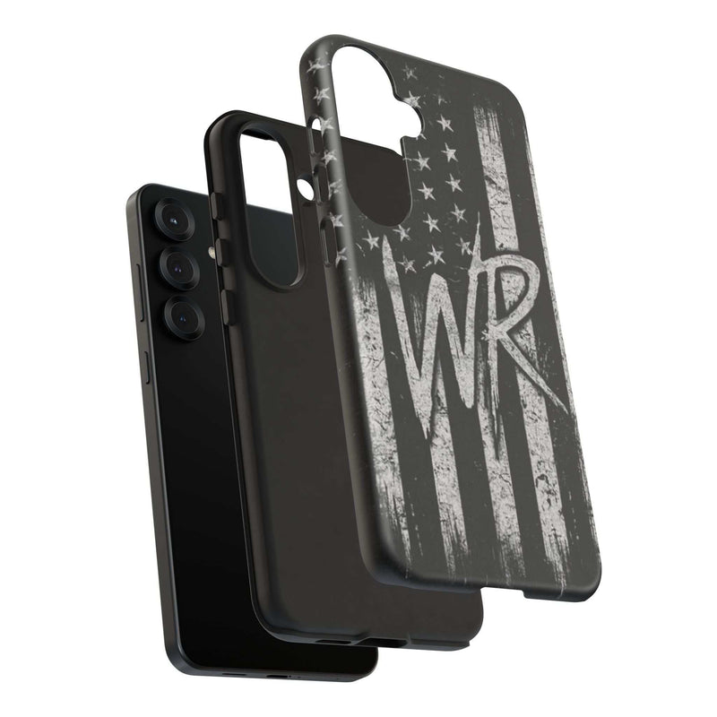 Patriotic monogram tough phone case featuring a distressed American flag design with the initials WR.
