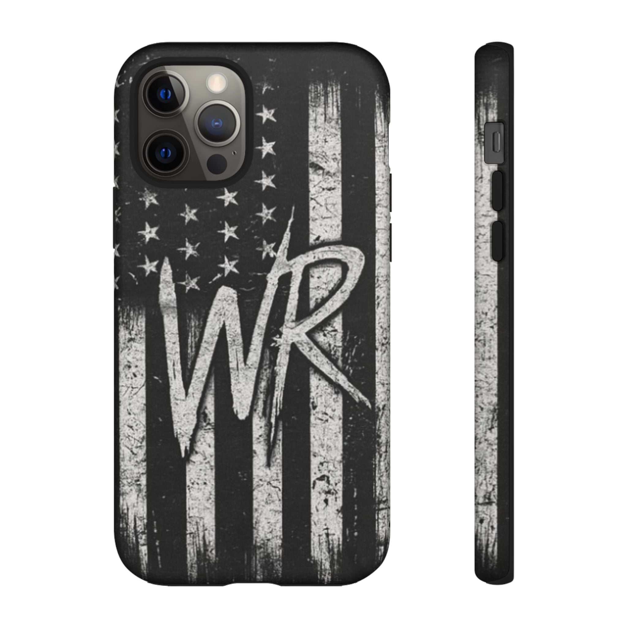 Distressed American flag design on a Patriotic Monogram Tough Phone Case featuring the letters WR by Printify.
