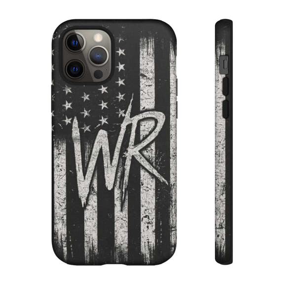 Distressed American flag design on a Patriotic Monogram Tough Phone Case featuring the letters WR by Printify.