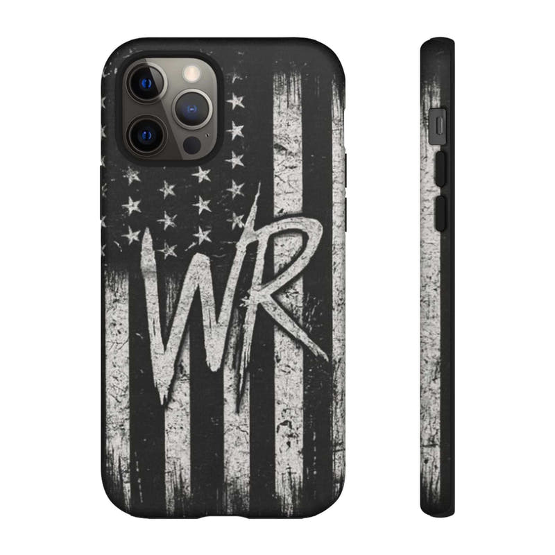 Distressed American flag design on a Patriotic Monogram Tough Phone Case featuring the letters WR by Printify.