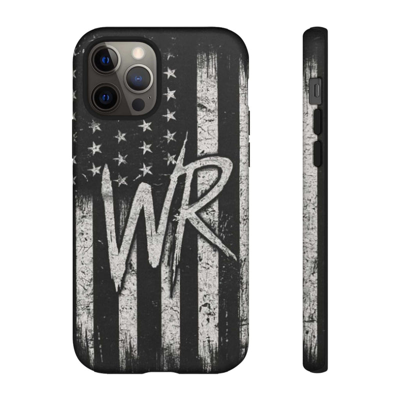 Distressed American flag design on a Patriotic Monogram Tough Phone Case featuring the letters WR by Printify.