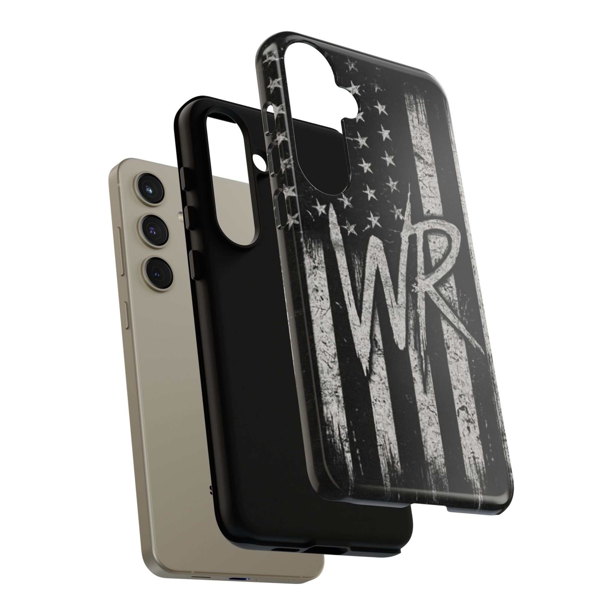 Distressed American flag phone case featuring a WR monogram, designed by Printify for tough protection.