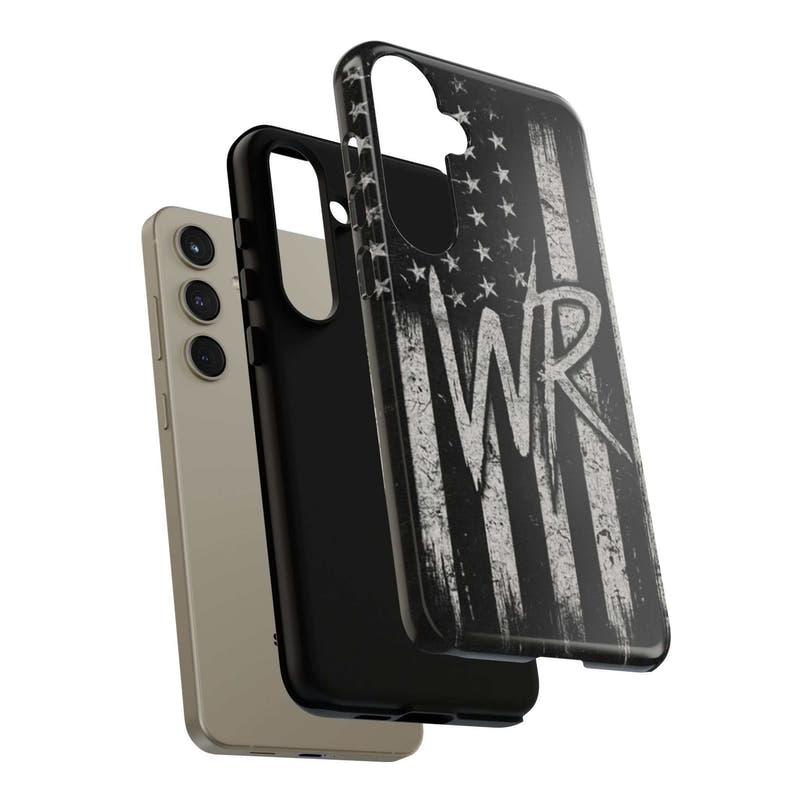 Distressed American flag phone case featuring a WR monogram, designed by Printify for tough protection.