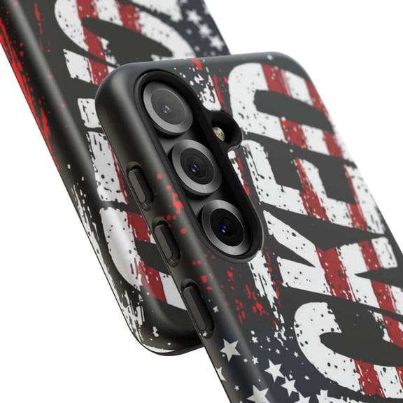 Distressed American flag phone case with "VETERAN" graphic by Printify, offering rugged patriotic protection for smartphones.