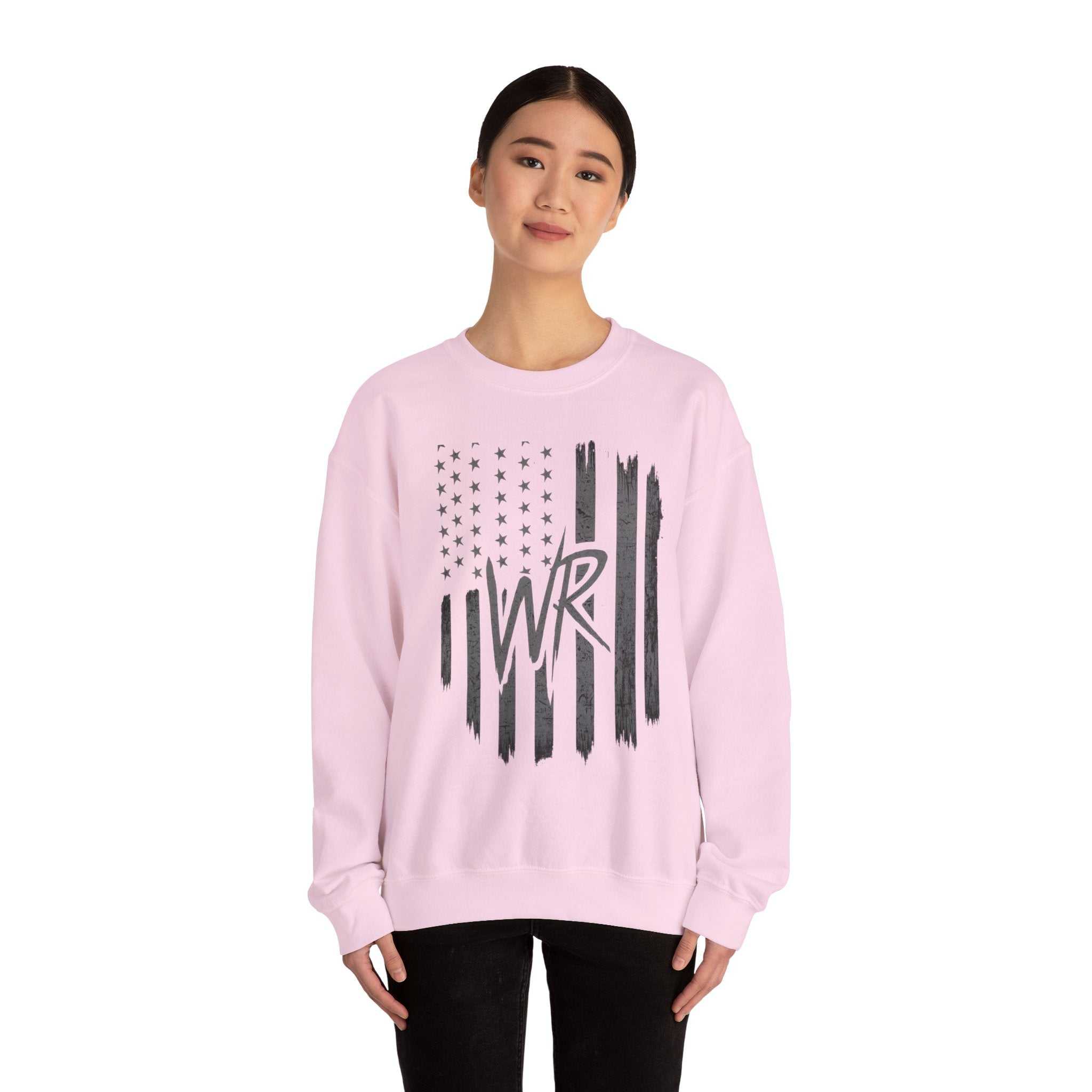 Distressed American flag crewneck sweatshirt with WR monogram by Printify, featuring a cozy pullover design.