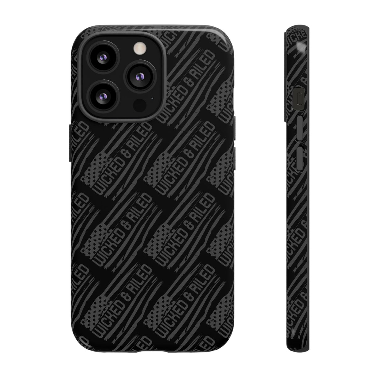 Rugged black protective phone case by Printify featuring a textured TOUGH CASES pattern for enhanced grip and durability.