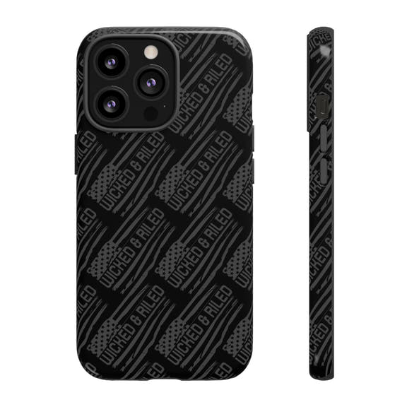Rugged black protective phone case by Printify featuring a textured TOUGH CASES pattern for enhanced grip and durability.