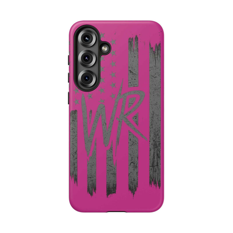 Pink 'WR' Flag Tough Phone Case by Printify featuring a durable design with a vibrant flag pattern.