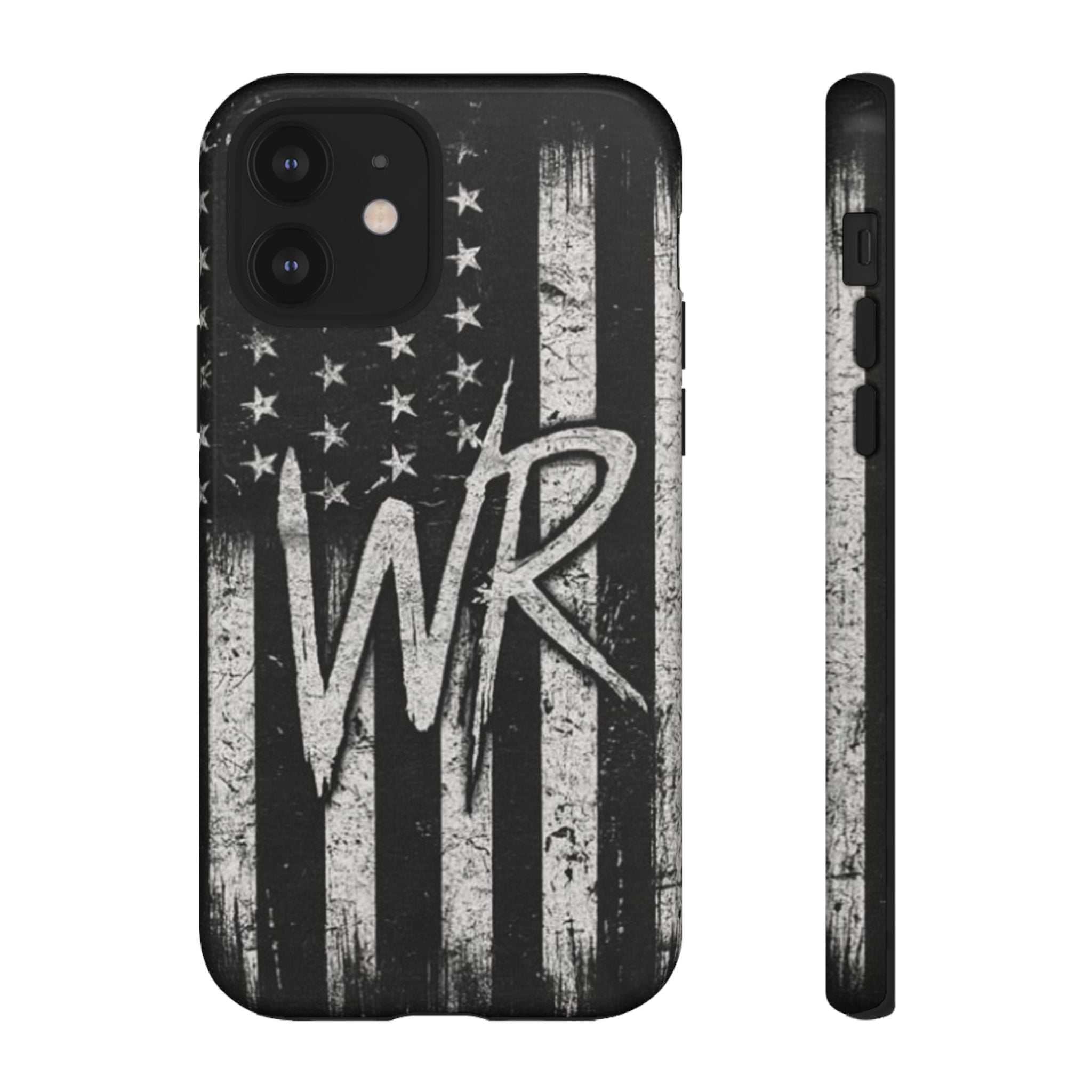 Patriotic monogram tough phone case featuring a distressed American flag design with initials WR by Printify.