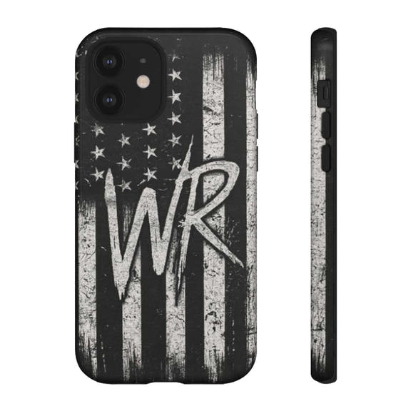 Patriotic monogram tough phone case featuring a distressed American flag design with initials WR by Printify.