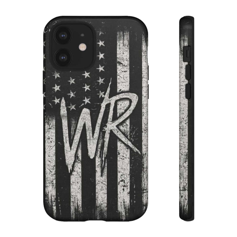 Patriotic monogram tough phone case featuring a distressed American flag design with initials WR by Printify.