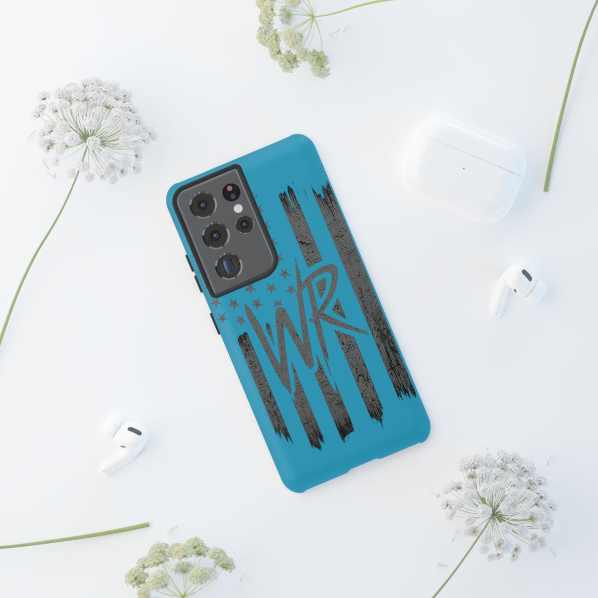 Patriotic blue tough phone case featuring 'WR' flag design by Printify, showcasing durability and vibrant colors.