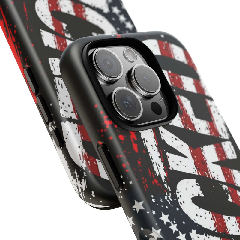 Distressed American flag phone case with "VETERAN" graphic by Printify, showcasing rugged patriotic design and protection.