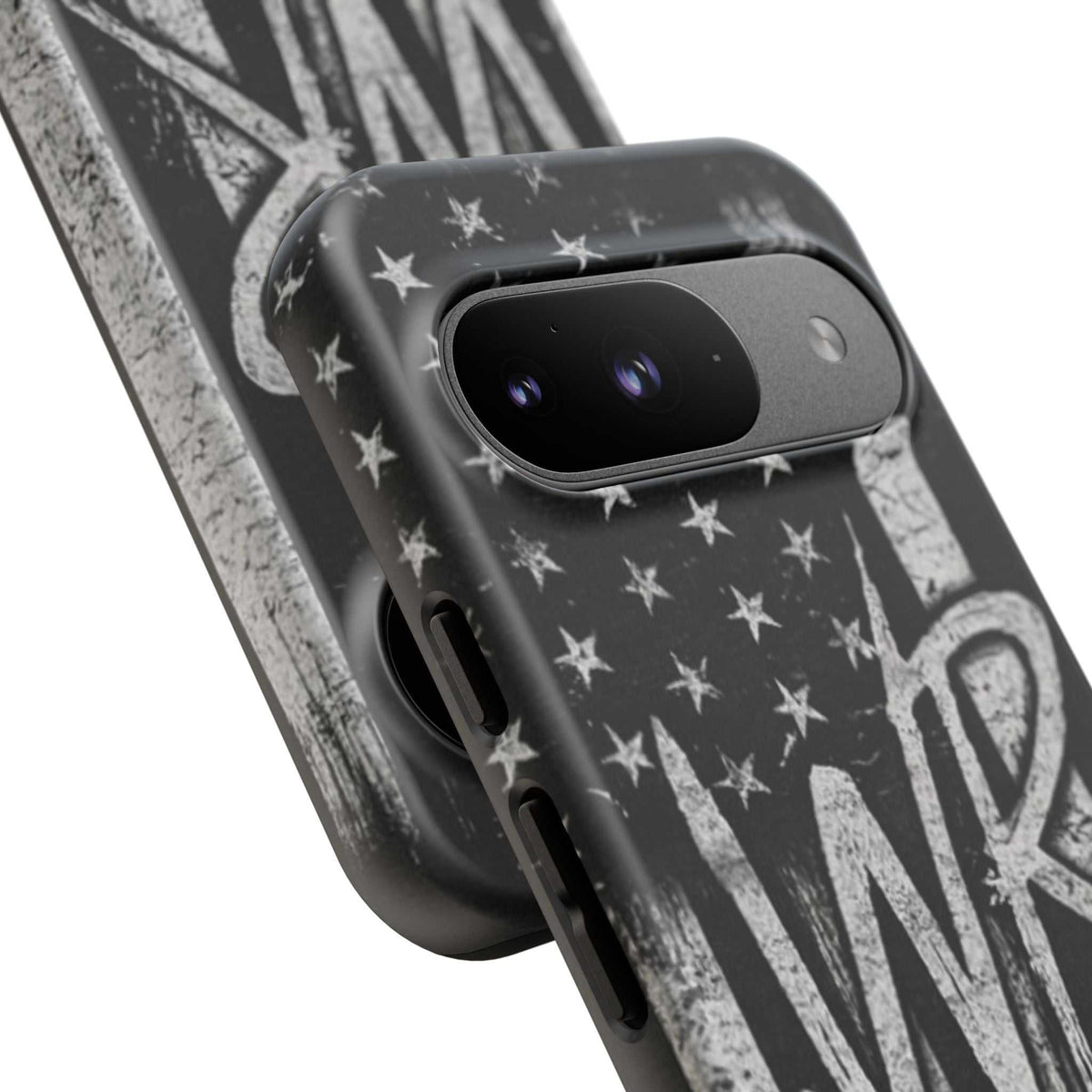 Distressed American flag design on a Patriotic Monogram Tough Phone Case featuring the initials WR by Printify.