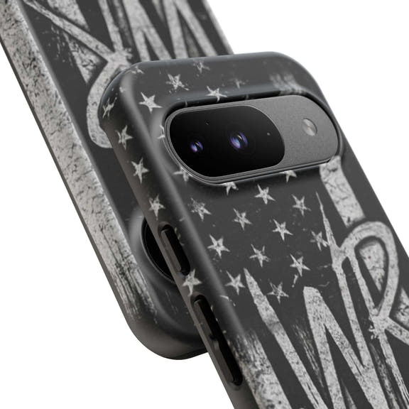 Distressed American flag design on a Patriotic Monogram Tough Phone Case featuring the initials WR by Printify.