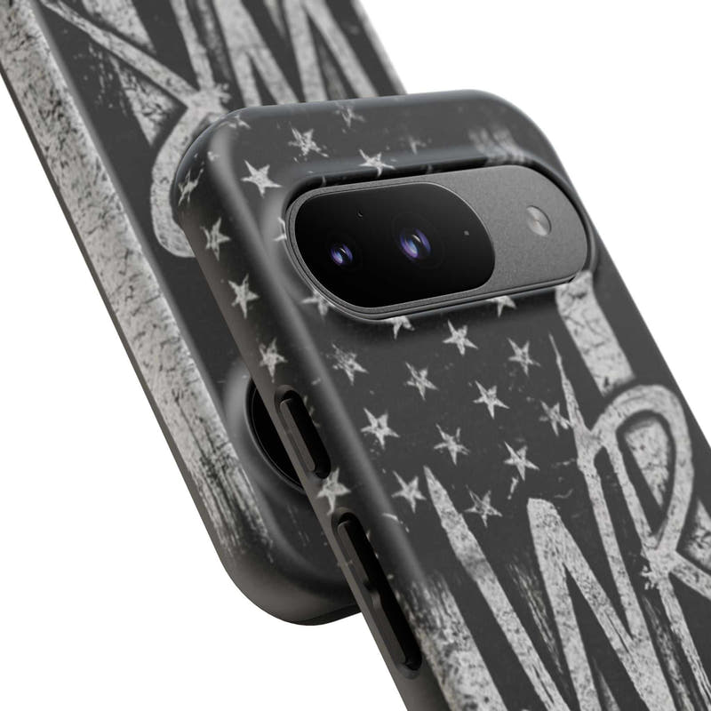 Distressed American flag design on a Patriotic Monogram Tough Phone Case featuring the initials WR by Printify.