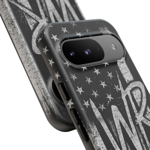 Distressed American flag design on a Patriotic Monogram Tough Phone Case featuring the initials WR by Printify.