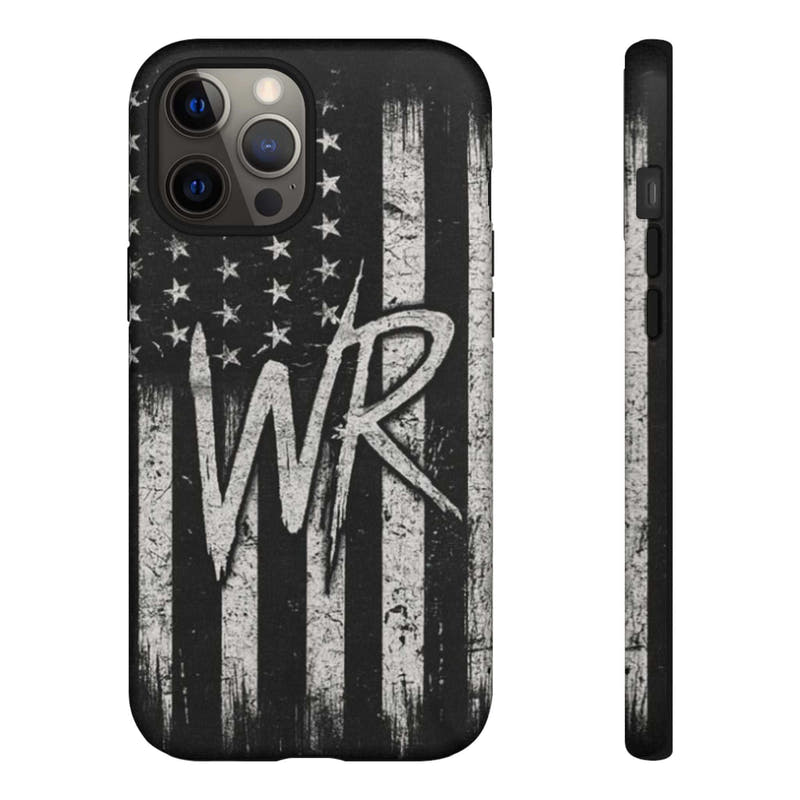 Patriotic monogram tough phone case featuring a distressed American flag design with the initials WR by Printify.
