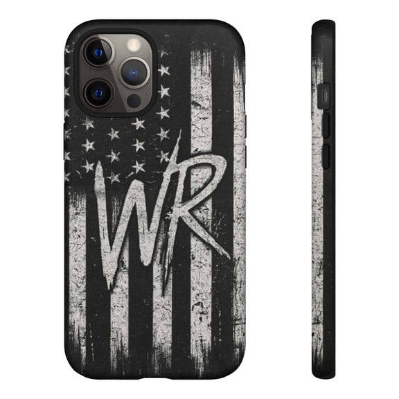 Patriotic monogram tough phone case featuring a distressed American flag design with the initials WR by Printify.