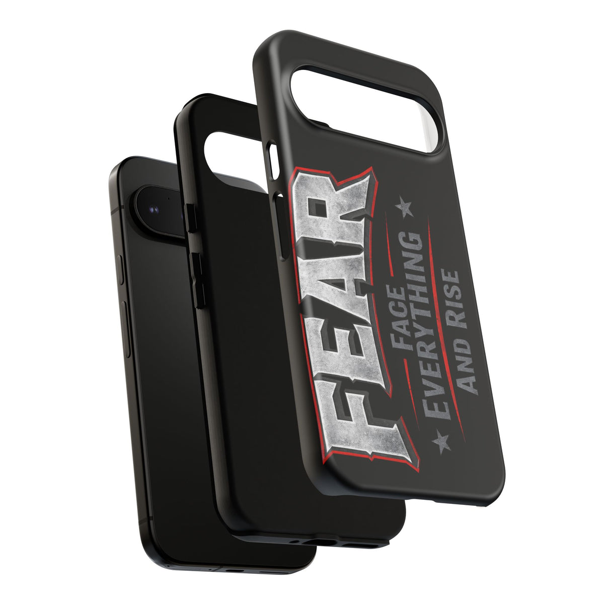 Fear Phone Case by Printify featuring a bold design with the phrase "Face Everything and Rise" on a sleek surface.