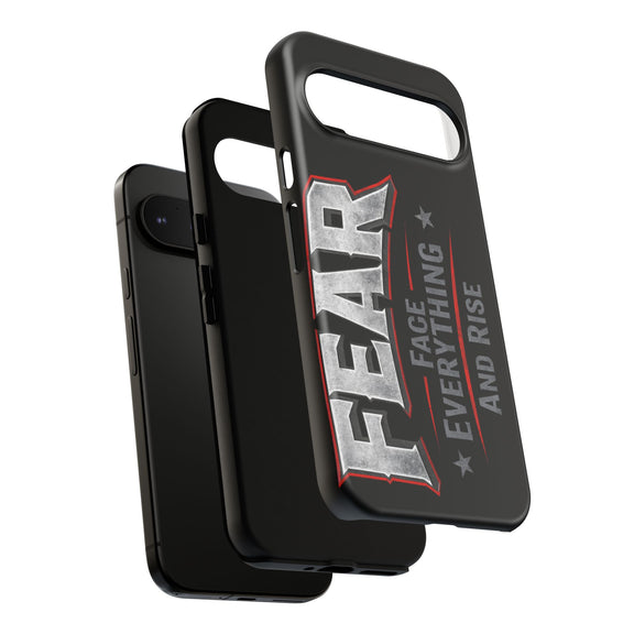 Fear Phone Case by Printify featuring a bold design with the phrase "Face Everything and Rise" on a sleek surface.