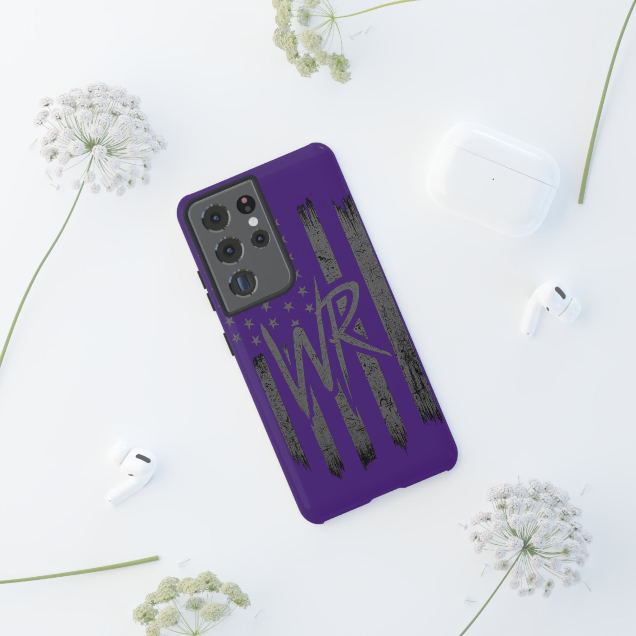 Purple 'WR' flag tough phone case by Printify with durable design and vibrant colors, showcasing the flag prominently.