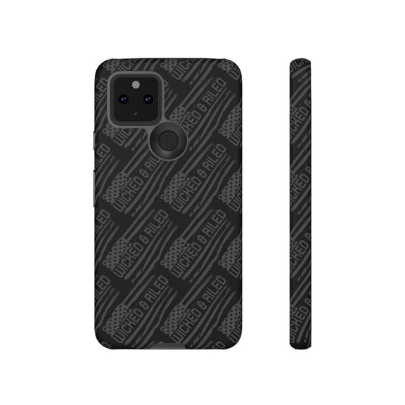 Rugged black protective phone case by Printify, featuring a textured "TOUGH CASES" pattern design.