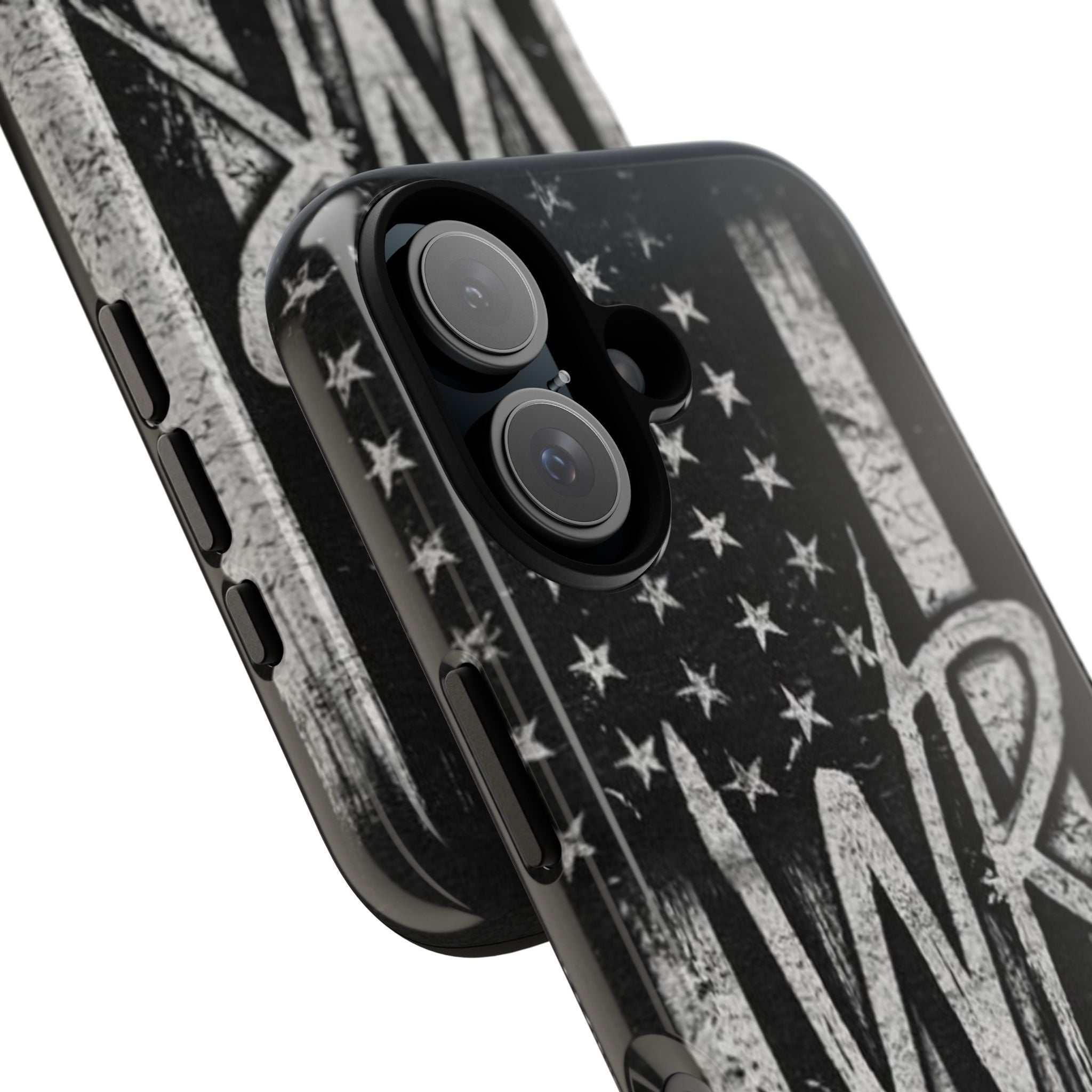 Distressed American flag phone case featuring a monogram WR by Printify, designed for durability and style.