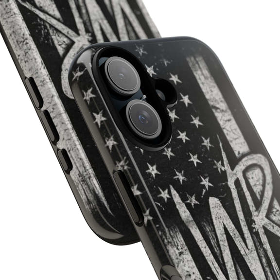 Distressed American flag phone case featuring a monogram WR by Printify, designed for durability and style.