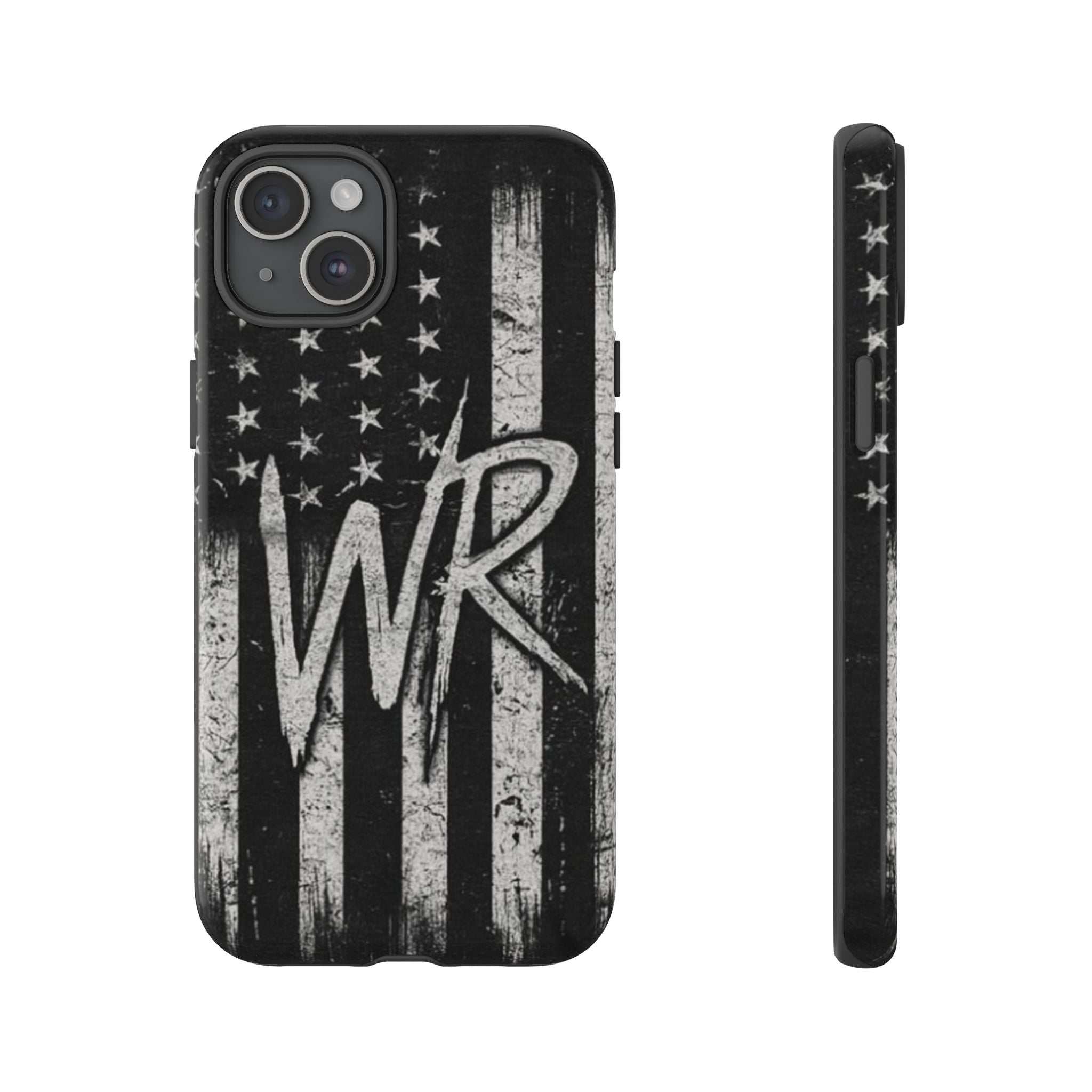 Patriotic monogram tough phone case featuring a distressed American flag design with the initials WR.