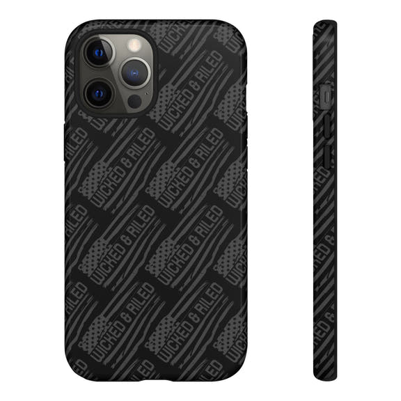 Rugged black protective phone case by Printify with a textured 'TOUGH CASES' pattern, designed for durability.