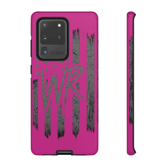 Pink 'WR' Flag Tough Phone Case by Printify with durable design and vibrant flag pattern showcased on a smartphone.
