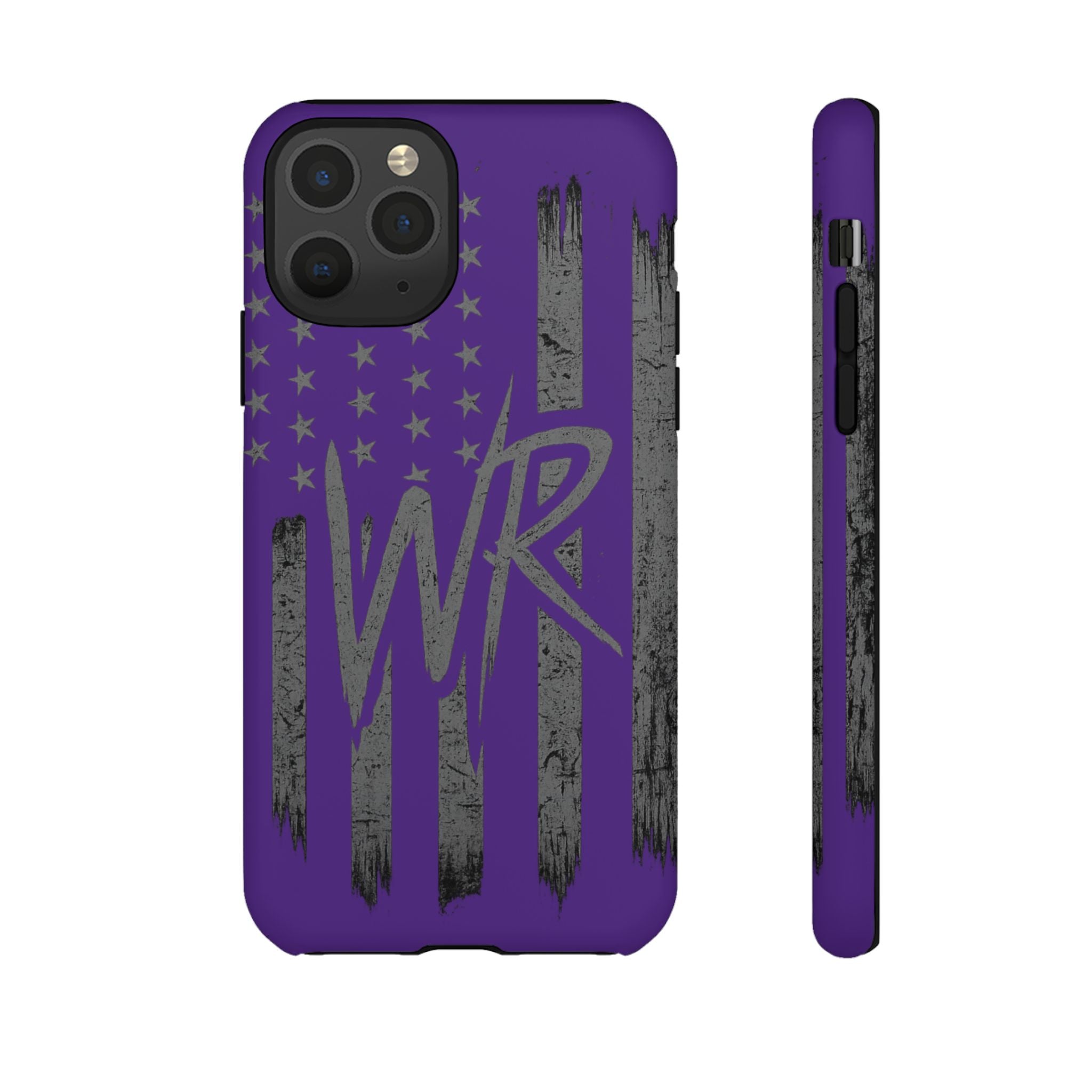 Purple 'WR' flag tough phone case by Printify, showcasing durable design with vibrant colors and precise cutouts.