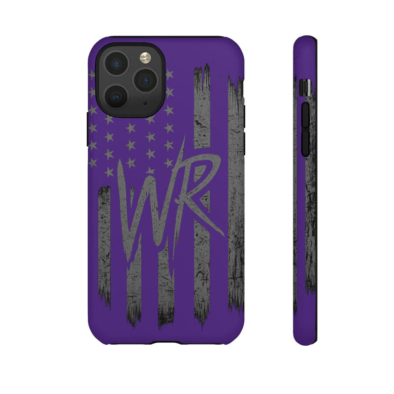 Purple 'WR' flag tough phone case by Printify, showcasing durable design with vibrant colors and precise cutouts.