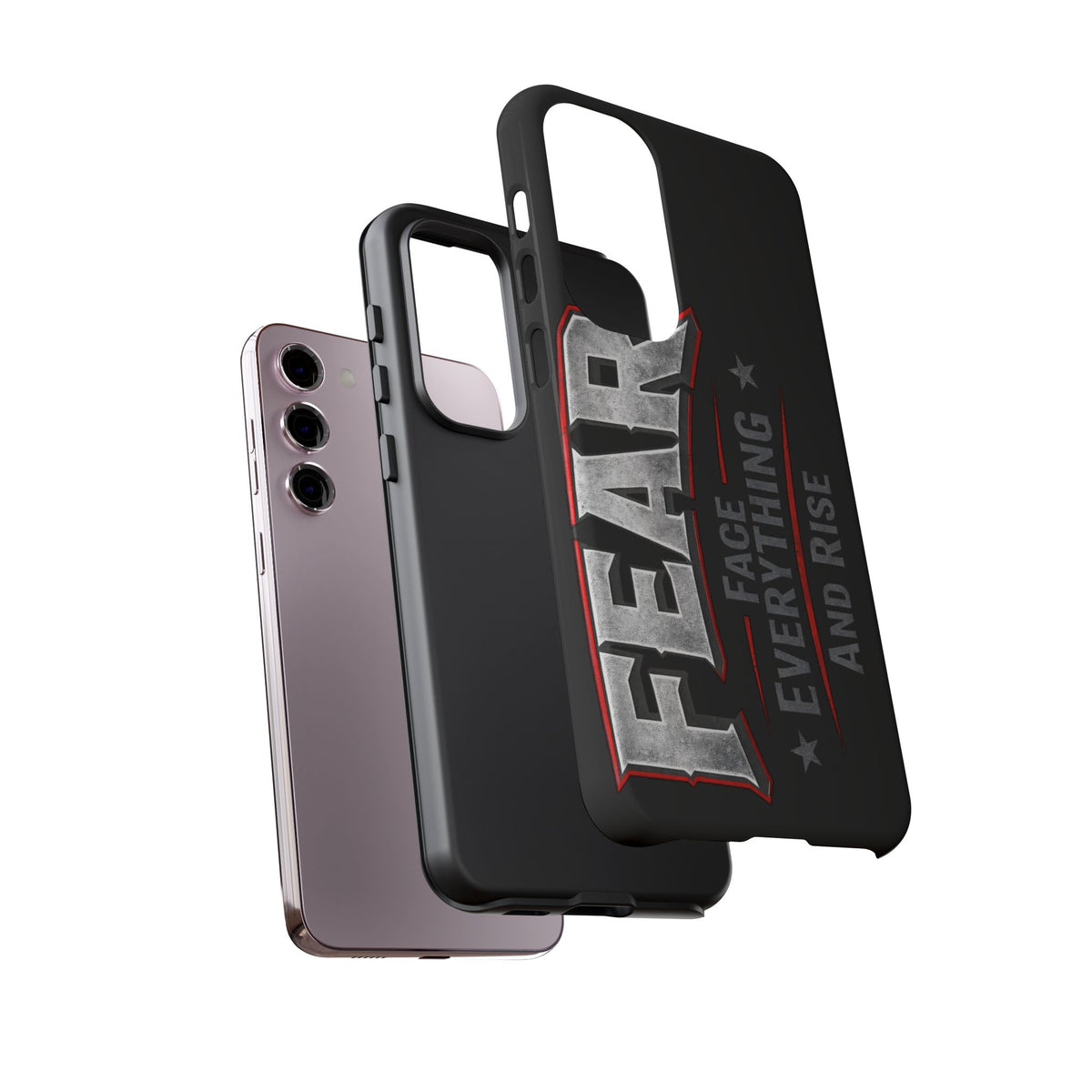 Fear phone case by Printify featuring a motivational design with "Face Everything and Rise" text on a sleek background.