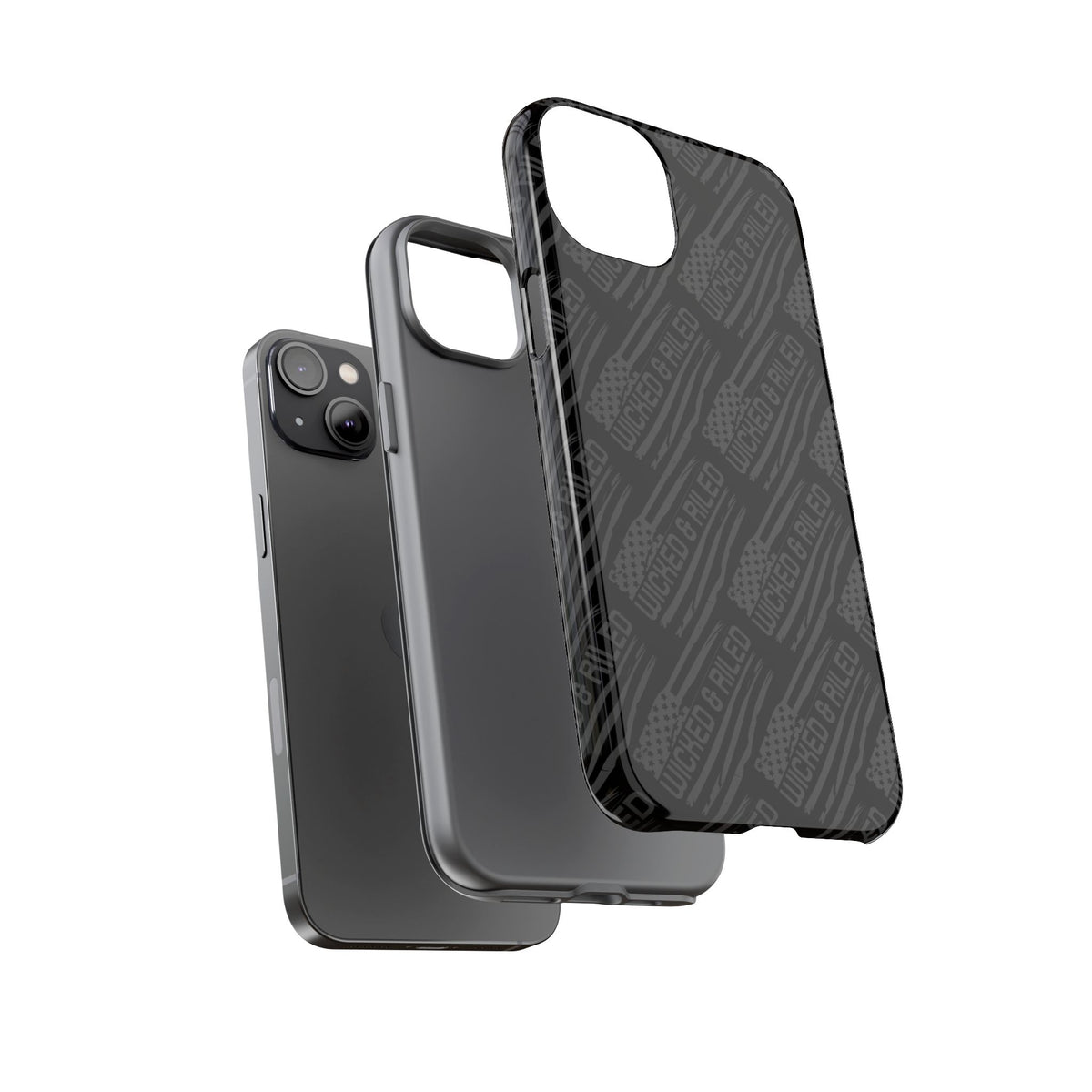 Rugged black protective phone case with "TOUGH CASES" text pattern by Printify, showcasing durable design and texture.