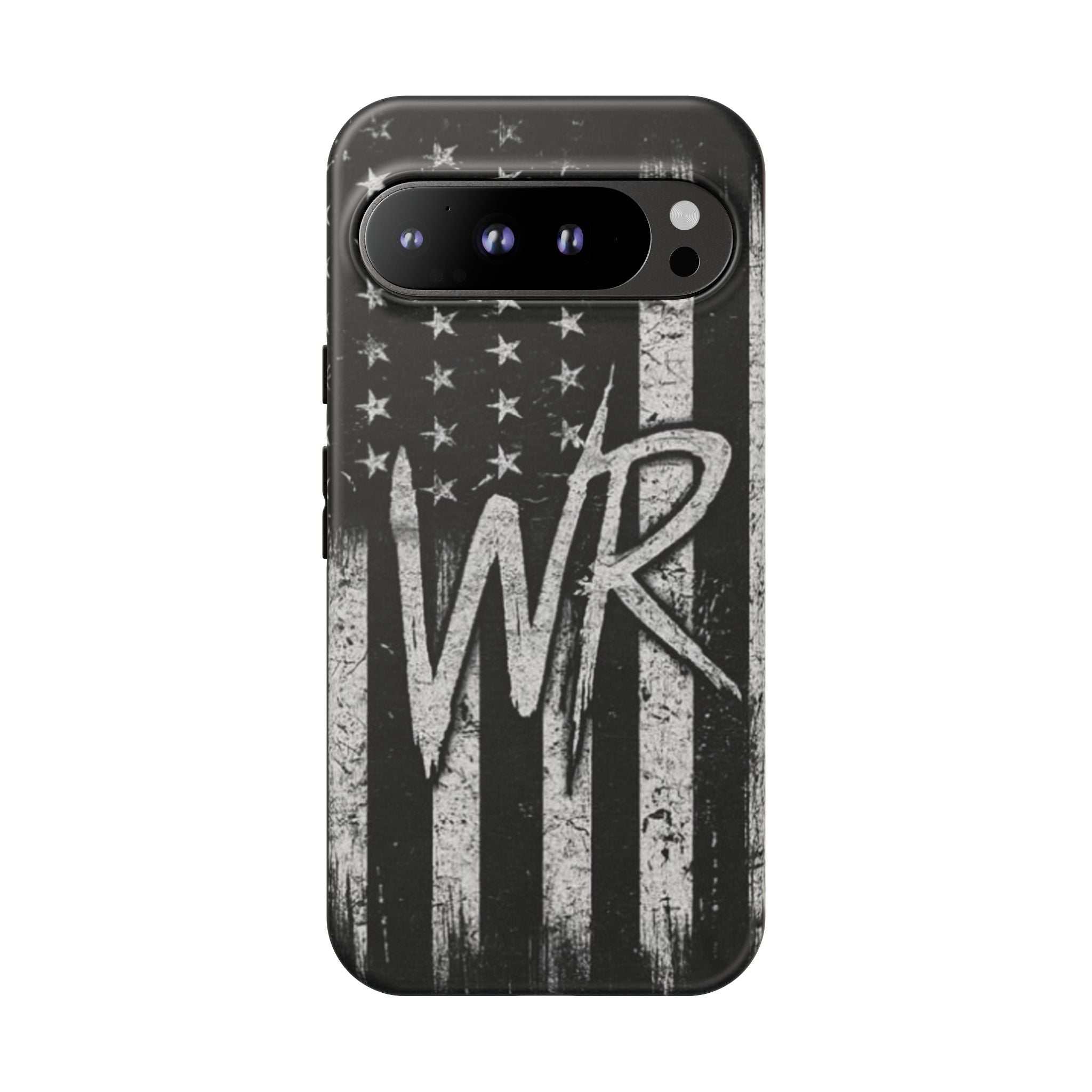 Distressed American flag phone case with WR monogram, designed by Printify for tough protection.