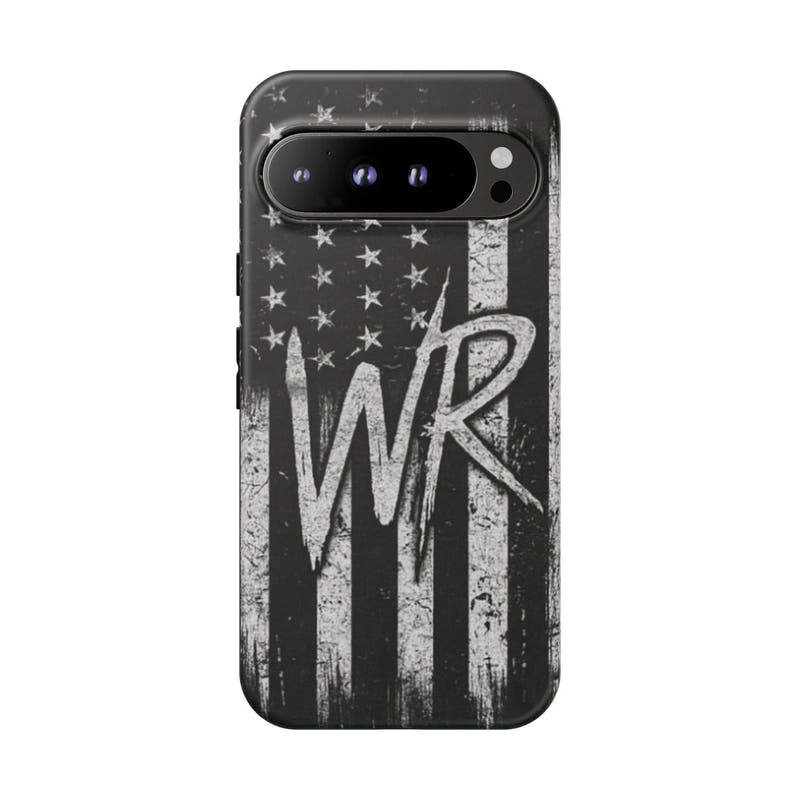 Distressed American flag phone case with WR monogram, designed by Printify for tough protection.