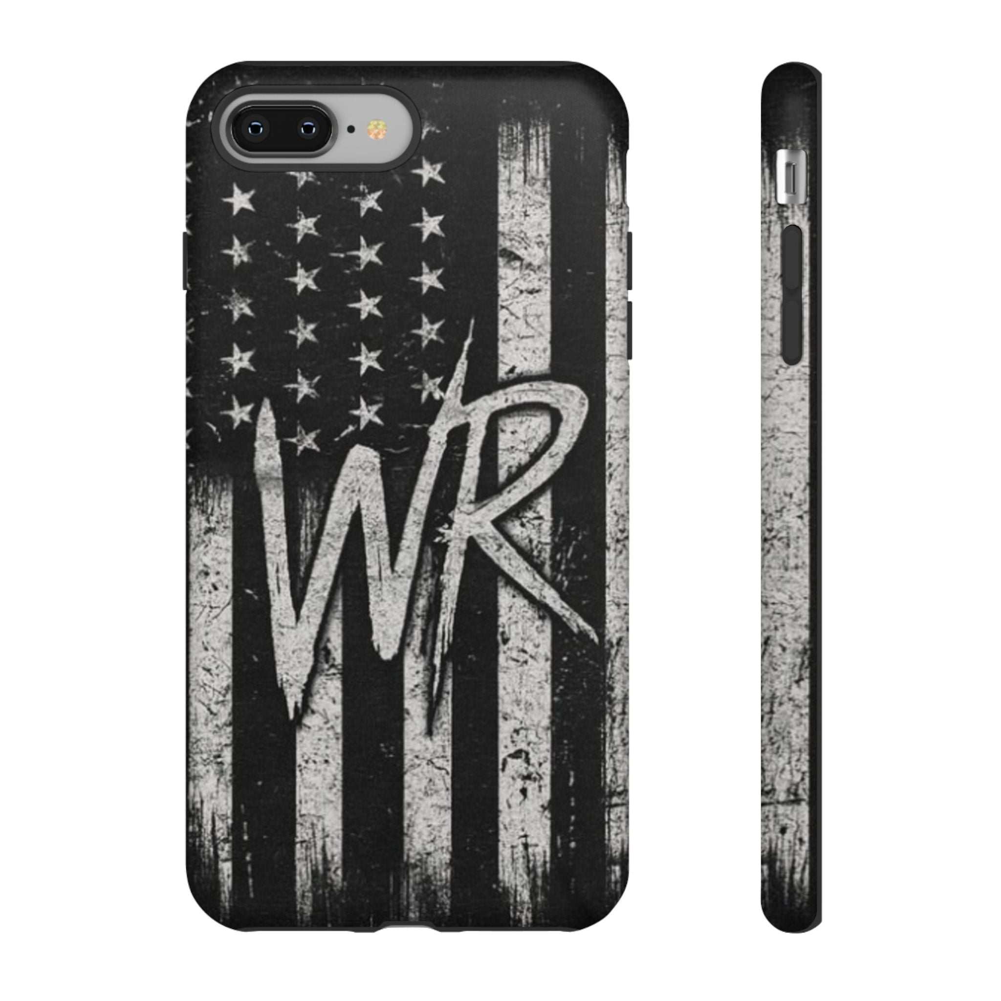 Distressed American flag phone case featuring a patriotic monogram "WR" by Printify, designed for tough protection.