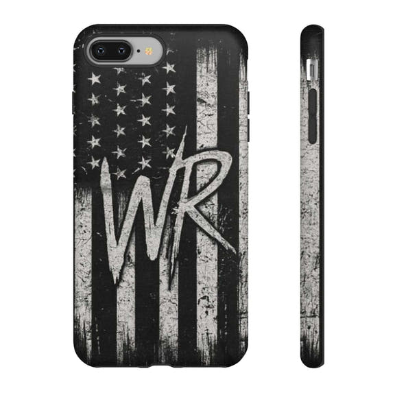 Distressed American flag phone case featuring a patriotic monogram "WR" by Printify, designed for tough protection.