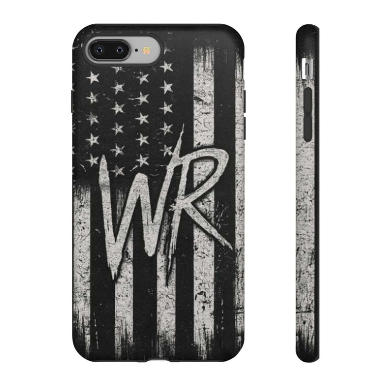 Distressed American flag phone case featuring a patriotic monogram "WR" by Printify, designed for tough protection.