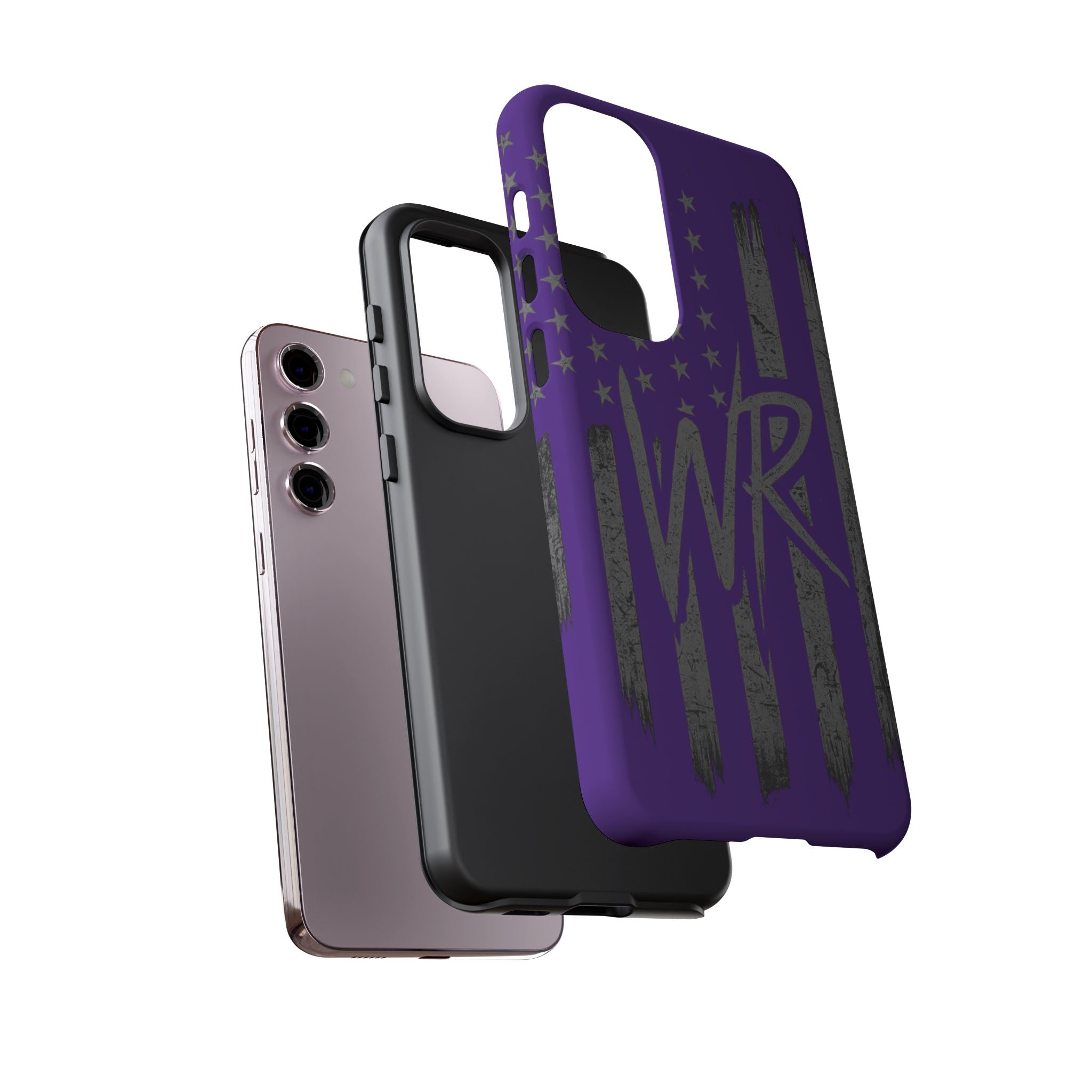 Purple 'WR' flag tough phone case by Printify with a durable design for added protection and style.