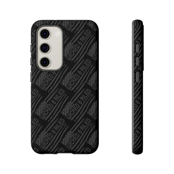 Rugged black protective phone case by Printify featuring a text pattern that reads "TOUGH CASES."