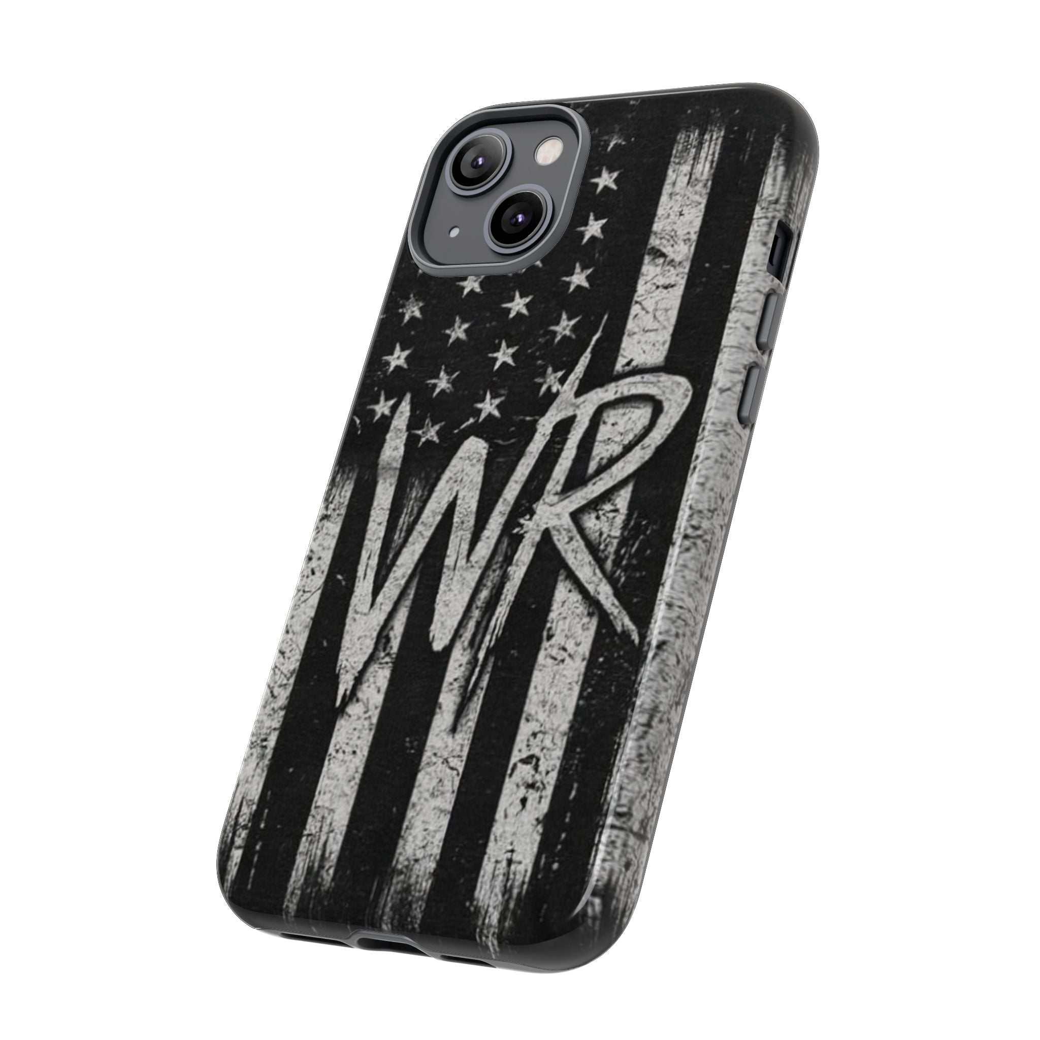 Distressed American flag design on a Patriotic Monogram Tough Phone Case featuring initials WR by Printify.