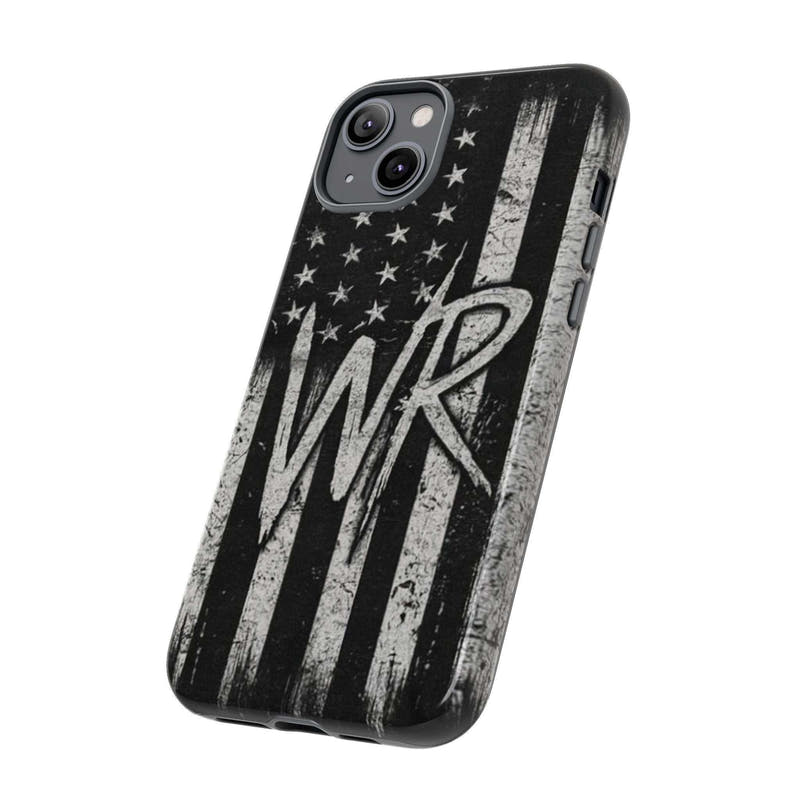 Distressed American flag design on a Patriotic Monogram Tough Phone Case featuring initials WR by Printify.