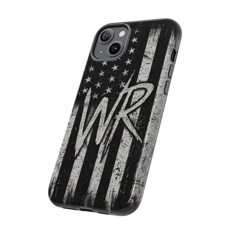 Distressed American flag design on a Patriotic Monogram Tough Phone Case featuring initials WR by Printify.