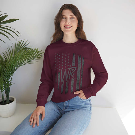 Distressed American flag crewneck sweatshirt with WR monogram by Printify, featuring a cozy pullover design.