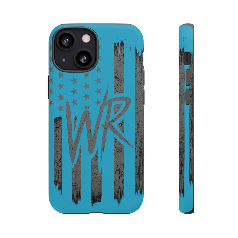 Patriotic blue 'WR' flag tough phone case by Printify with durable design and vibrant colors, ideal for protection.