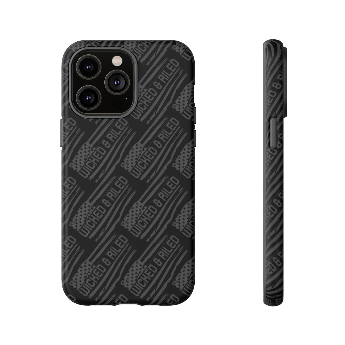 Rugged black protective phone case from Printify with a tough cases text pattern, showcasing durable design and texture.